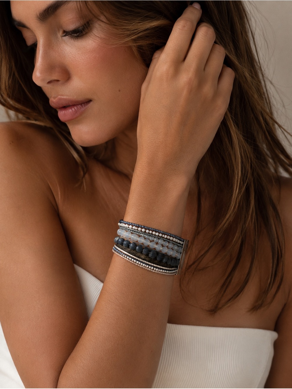 Victoria Emerson Layered Beaded Wrap Bracelet in Blue and Gray